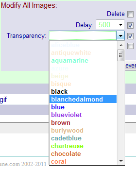 Select Transparency value from list of available colors for all frames